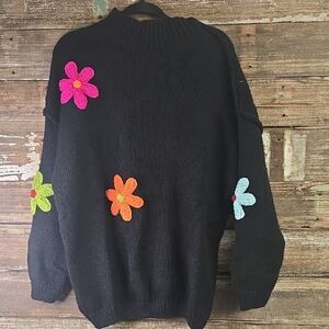 Floral Embellished Black Half Turtleneck Ladies Sweater, Plus Size 2X, NEW